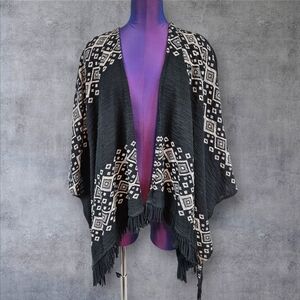 Mossimo Black Boho Chic Tapestry Aztec Fringed Oversized Kimono Small Medium N66
